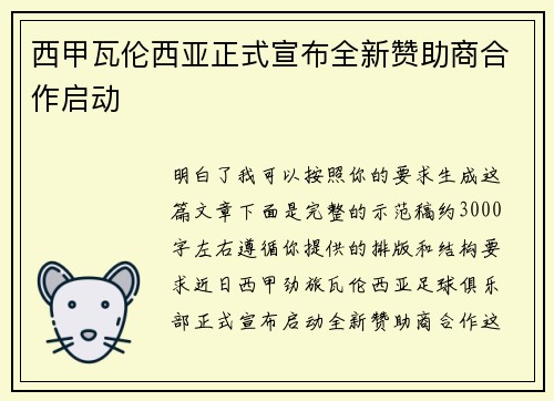 西甲瓦伦西亚正式宣布全新赞助商合作启动